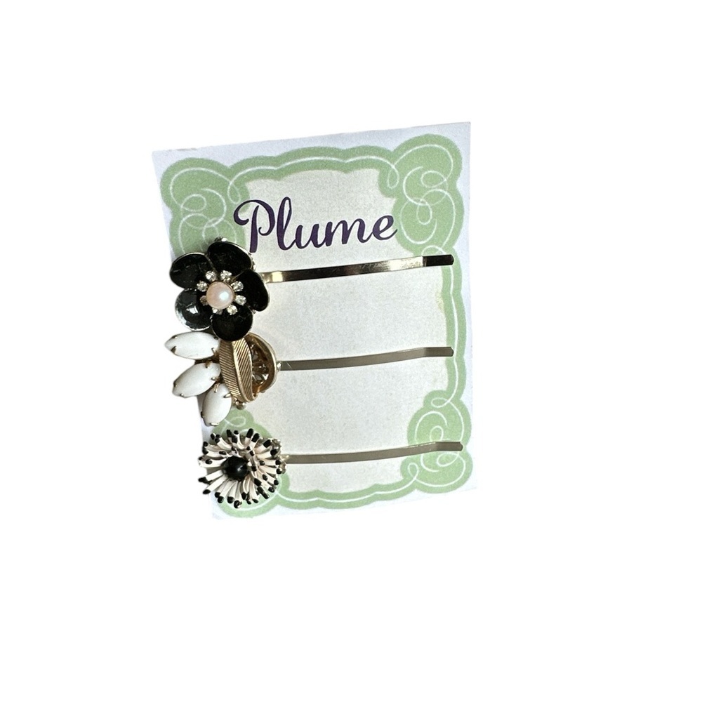 Black & White Flower Hairpin Set Retro Floral Kitsch Floral Vintage Jewelry NWT - Picture 4 of 5